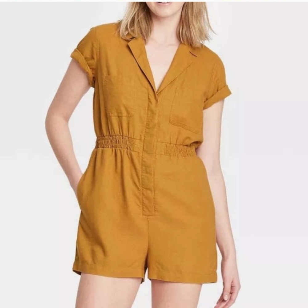 Mustard Linen Blend Short Sleeve Romper/ Jumper/ Boilersuit Buttoned Shorts XXL